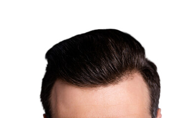 Obraz premium Cropped close up photo amazing he him his macho showing neat groomed head haircut mirror bath shower black ideal perfect color salon procedure wear casual white t-shirt isolated grey background