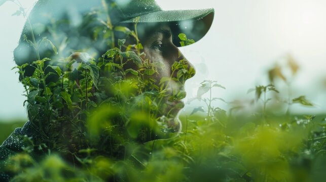 Double exposure of man in cap blending with lush green foliage, symbolizing unity with nature and environmental conservation.