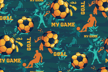 Blue and yellow Soccer ball pattern. Seamless Football pattern with text Goal, My game, footballer men silhouette. Grunge textured brush strokes blue background © Kseniia Koval