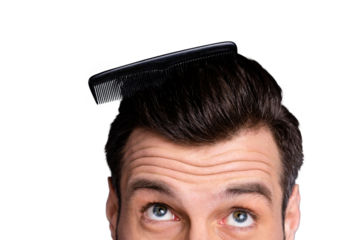 Cropped close up photo amazing he him his macho plastic styling brush stuck thick hair  oh no take care hairdo barber shop stylist look up process wear casual white t-shirt isolated grey background