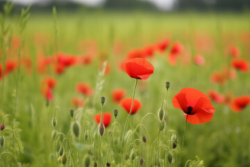 Obraz premium A photograph captures a realistic field of poppies bathed in natural lighting, showcasing their vibrant coquelicot color