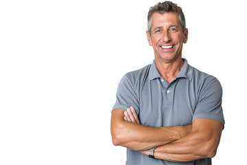 Smiling Middle-Aged Caucasian Man in a Gray Polo Shirt