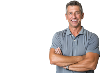 Smiling Middle-Aged Caucasian Man in a Gray Polo Shirt