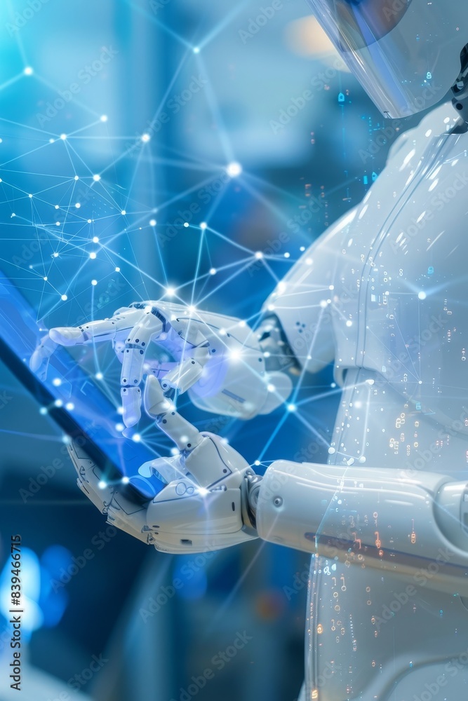 Poster robot and human hands touching on data network connection backdrop for technology concept