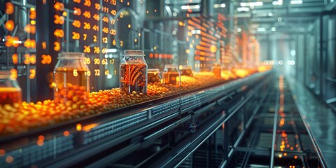 Obraz premium Modern factory with automated conveyor belt system, showcasing efficiency in industrial production and advanced manufacturing technology.