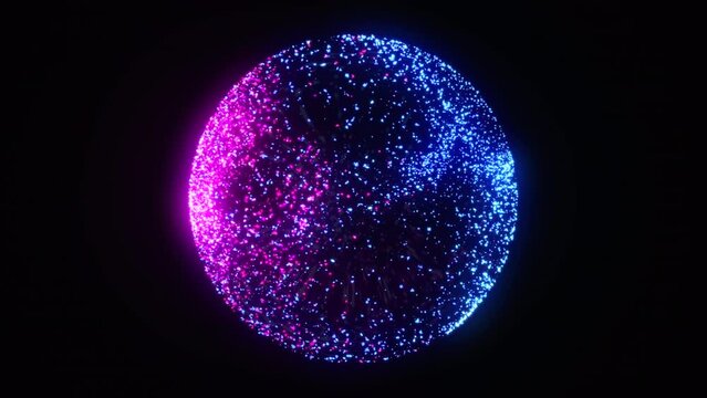 Vibrant glowing neon particle 3d sphere. Magic energy orb of blue and pink neon particles seamlessly rotating in the space. AI vistual assistant concept. Crystal ball. Technology, neural networks. 4k.