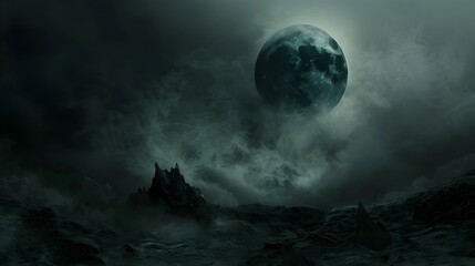 Fototapeta premium Haunting Nightscape with Ominous Crescent Moon Looming Over Desolate Rocky Terrain