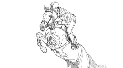 Horse and Jockey in Mid-Air Jumping Over Obstacle on Equestrian Racetrack Stadium