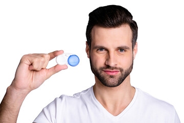 Cropped close up photo amazing he him his macho hold hand arm novelty new kind contact lenses...