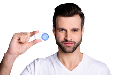 Cropped close up photo amazing he him his macho hold hand arm novelty new kind contact lenses special container advertising advice choice choose wear casual white t-shirt isolated grey background