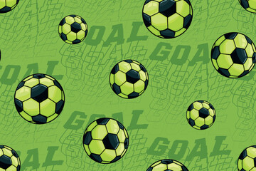 Abstract seamless football pattern with teenager lettering background in green colors. Soccer Ball ornament with lettering ornament for boy sport textile, clothes, wrapping paper © Kseniia Koval