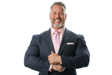 Smiling Muscular Middle-Aged Caucasian Man in a Blue Suit with Pink Tie