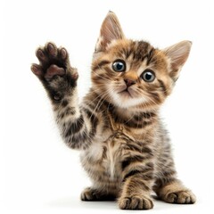 Obraz premium Tabby Kitten with paw, lifted it isolated on white