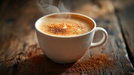 Steaming hot coffee in a white cup on a rustic wooden table, topped with frothy milk and sprinkled with cocoa powder.