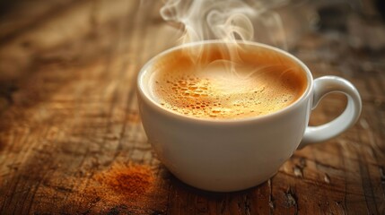 Steaming hot cup of coffee on a rustic wooden table. Perfect for morning coffee themes, cafes, relaxation, and cozy atmospheres.