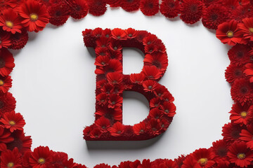 A letter B formed from red flowers, surrounded by a red floral border. The vibrant red hues and floral arrangement create a striking and bold visual