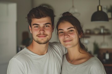Obraz premium Portrait of a joyful caucasian couple in their 20s wearing a simple cotton shirt isolated in modern minimalist interior