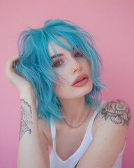 Naklejka premium Transgender woman bright blue hair, posing confidently against soft pink studio background