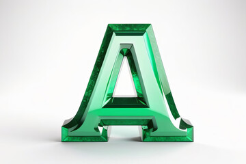 green, faceted letter 'A' resembling an emerald, standing out against a light background. The crystal-like structure gives it a shiny, luxurious appearance