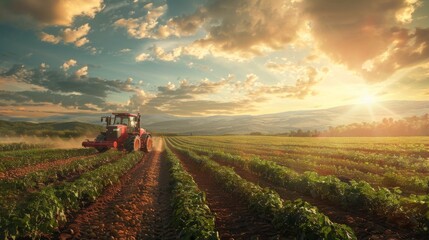 Fototapeta premium Tractor working in a green field at sunrise with beautiful clouds and landscape, representing agriculture and farming under natural light.
