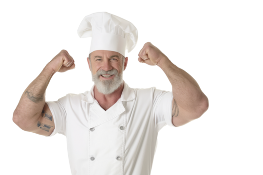 Smiling Muscular Caucasian Chef Flexing in a White Uniform - Powered by Adobe