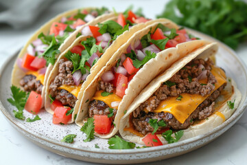 On the table, there is a plate of tacos filled with meat, cheese, tomatoes, and cilantro