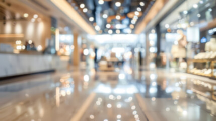 Obraz premium Blurred shopping mall interior background. Wide view of a blurred shopping mall interior with bokeh lights, ideal for retail backgrounds.