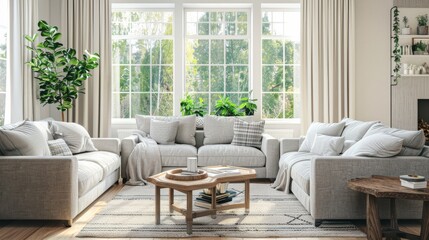 Interior of light living room with grey sofas, coffee table and large window 