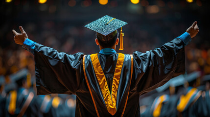 Graduate cap gown, standing with arms outstretched decorated hall during graduation ceremony