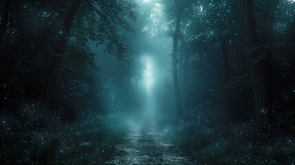 Mysterious dark forest filled with sparkles, with a path leading towards the misty light. Eerie nighttime landscape with a road glowing under the faint moonlight. Blue and cyan tones.