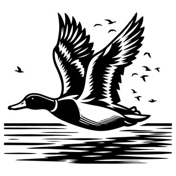 recommend clip art: Flying cyberpunk modern Domestic duck black engraving black and white Silhouette Vector logo
