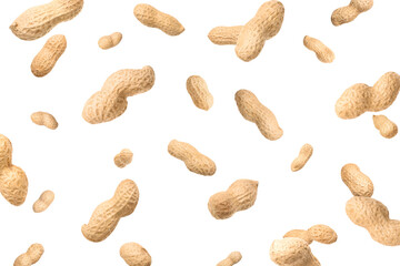 Unpeeled peanuts in air on white background