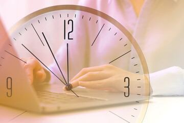 Woman and clock, double exposure. Time concept