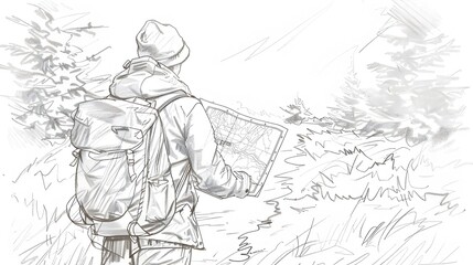 Minimalist Sketch of Orienteer with Map Navigating Outdoor Landscape