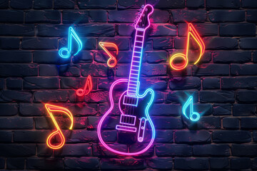 A neon frame with a music note and a guitar on a black brick wall backdrop for decoration, advertising, banner, and invitation card design.