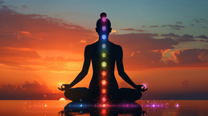 A woman is peacefully seated in a lotus position with visible chakras during meditation
