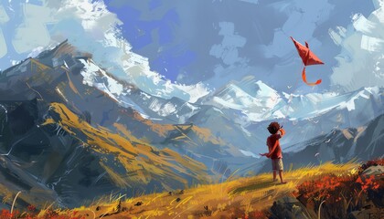 Obraz premium Mountain Mischief: A Caucasian Boy and His Kite Adventure
