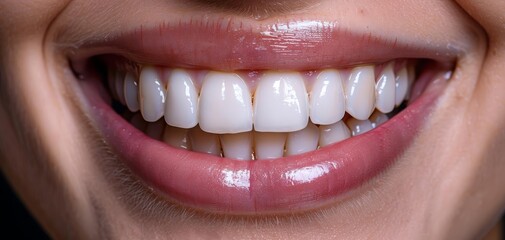 Obraz premium Close-up of a person's perfect smile with white, well-aligned teeth and healthy gums, capturing a moment of genuine happiness.