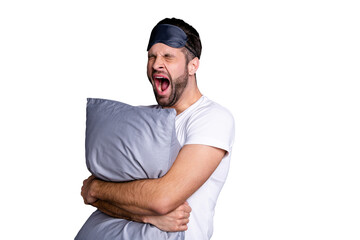 Portrait of his he nice-looking attractive exhausted sleepy bearded guy holding in hands pillow drowsiness going to bed isolated over gray pastel violet purple background