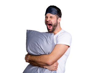 Portrait of his he nice-looking attractive exhausted sleepy bearded guy holding in hands pillow drowsiness going to bed isolated over gray pastel violet purple background