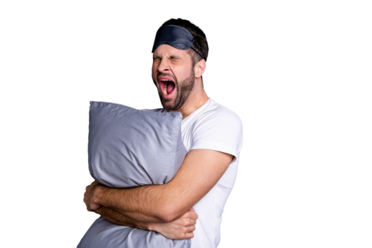 Portrait of his he nice-looking attractive exhausted sleepy bearded guy holding in hands pillow drowsiness going to bed isolated over gray pastel violet purple background