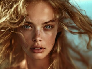 Naklejka premium The face of a young woman with beautiful eyes close-up. Well-groomed skin. Beauty and health.