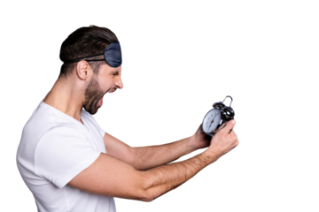 Profile side view portrait of his he nice-looking attractive crazy aggrassive bearded guy holding in hands clock screaming isolated over gray pastel violet purple background
