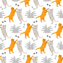 Seamless pattern of cute cats in different poses on a white background in a modern flat style. Animals.