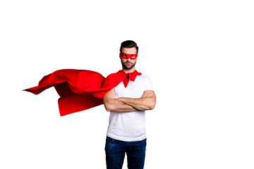 Portrait of his he nice-looking attractive content virile sporty macho bearded guy folded arms...