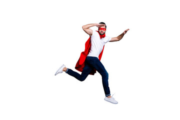 Full length body size view of his he nice-looking attractive virile masculine sportive macho bearded guy running looking for friend opportunity isolated over gray pastel background