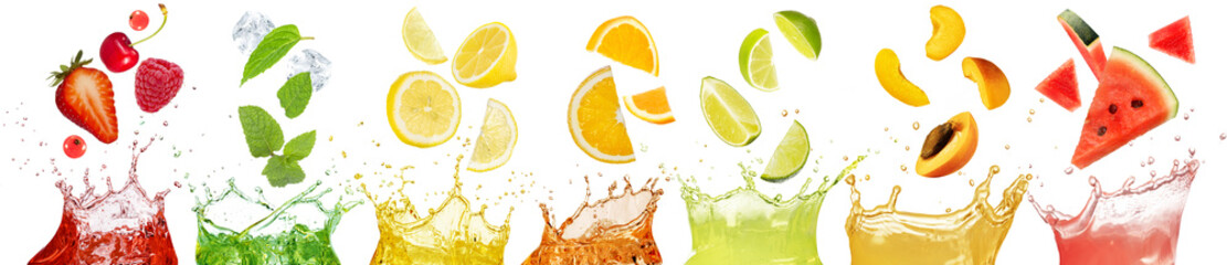Set of fresh fruits falling in juice splashes isolated on white. Collection  for healthy drink and food concept.