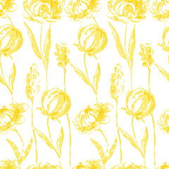 Vector Peonies Seamless pattern on pink background. Yellow flowers ornament. Floral watercolor print for textile, wrapping paper, fabric