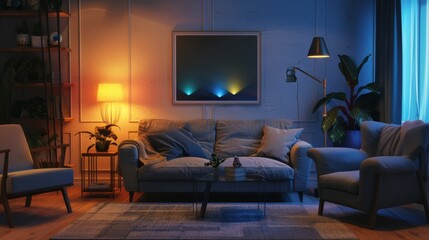 Interior of living room with cozy grey sofa, armchair and glowing lamps 