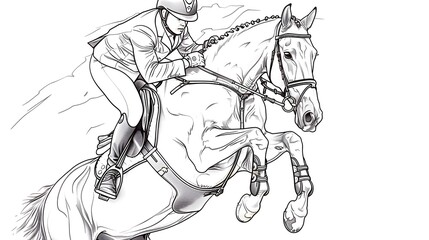 Fototapeta premium Skilled Equestrian Athlete Jumping Horse Over Hurdle in Outdoor Competition